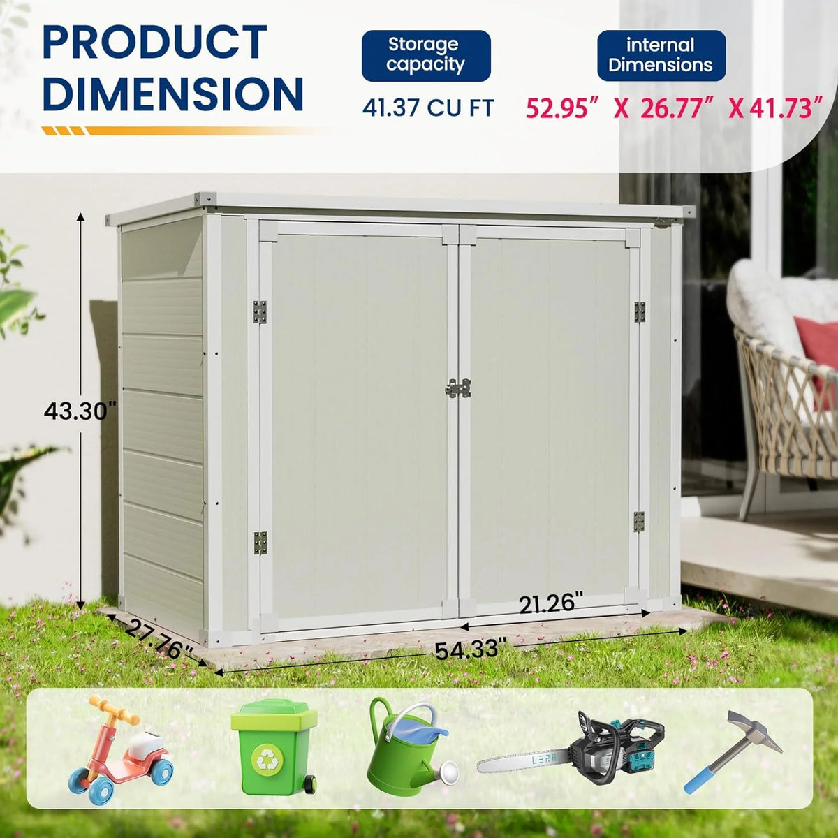 ECOPATIO Outdoor Storage Shed 41 Cu Ft Weather Resistant Resin with Floor Gray