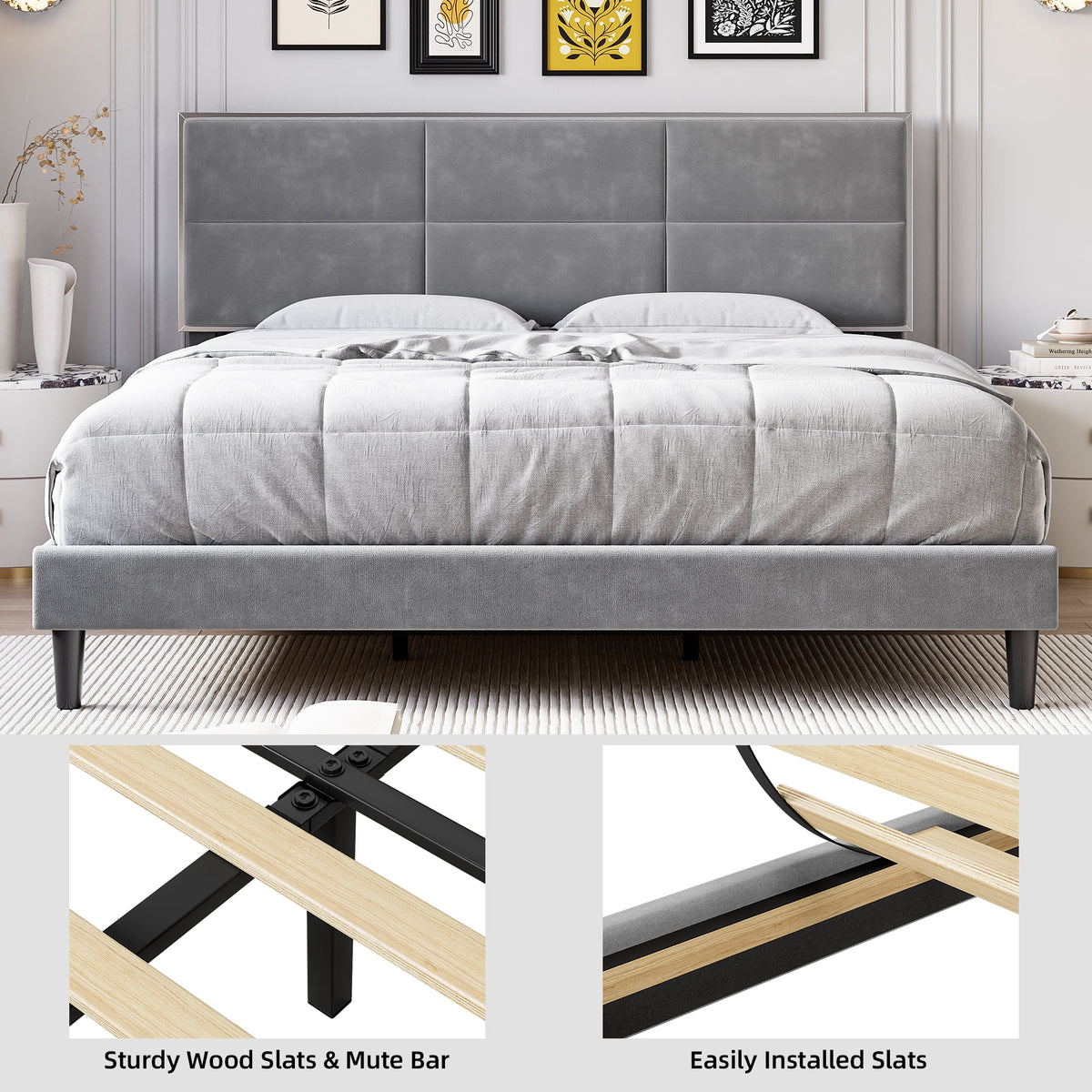 Homhougo King Size Bed Frame Upholstered Platform, Bed Frame with Square Velvet Headboard, Wooden Slats Support, Non-Slip and Noise-Free, No Box Spring Needed, Easy Assembly(Light Gray)