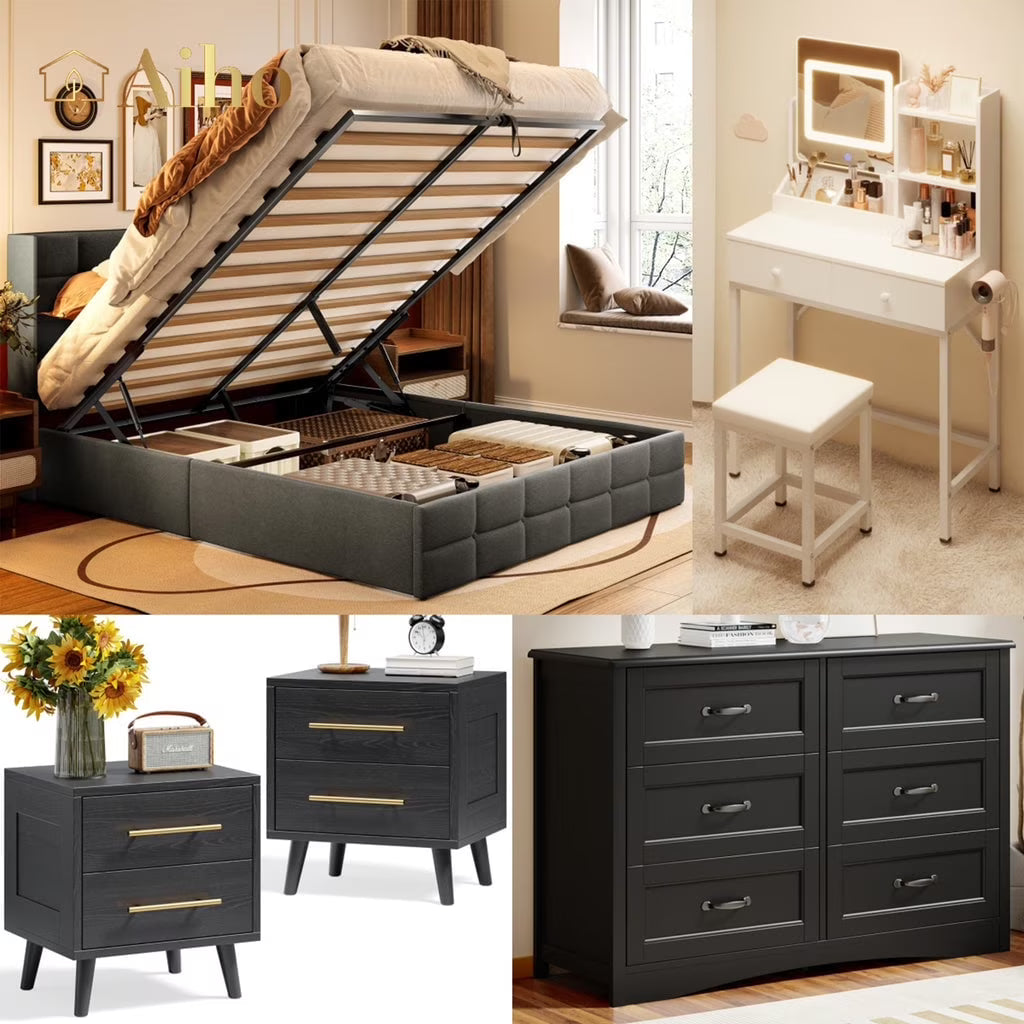 Aiho 5 Pieces Bedroom Furniture Set, Includes Queen Lift Up Storage Bed, Nightstands Set of 2, Double Wide 6-Drawer Dresser and Vanity Table Set - Black