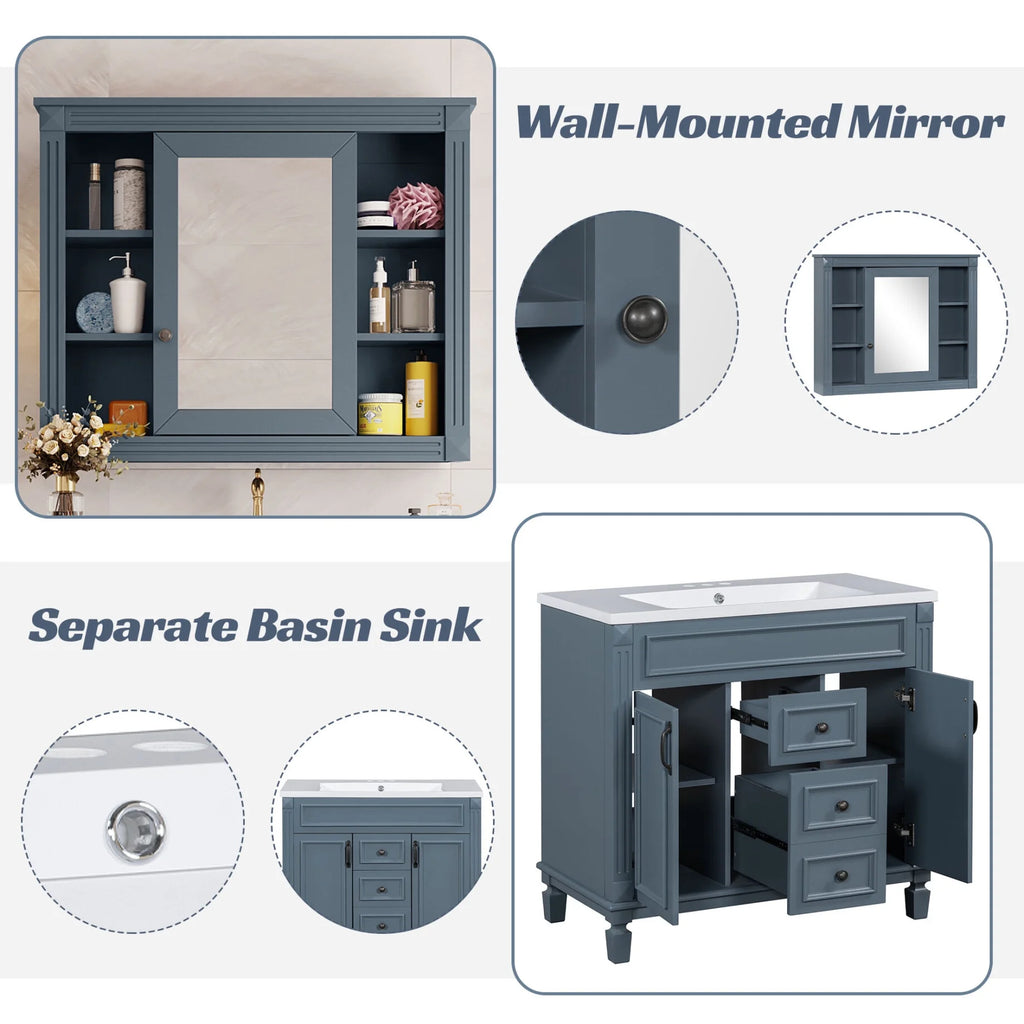 Modern Bathroom Cabinet Set with Top Sink,  Bathroom Vanity with Wall Mounted Bathroom Storage Cabinet, 2 Soft Closing Doors, 2 Drawers, Water-Resistant Paint, Grey