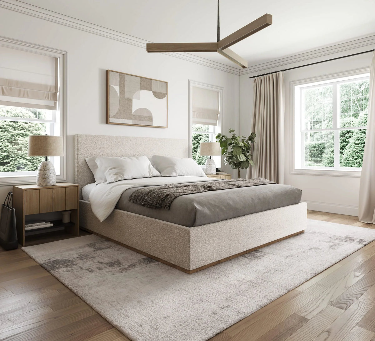 Modern King Bed Frame with Headboard - Upholstered King Size - Monaco Bed - Free Assembly, Sturdy Wood Platform Bedframe, Strong Wooden Slats, Strong Weight Capacity, Non-Slip and Noise-Free