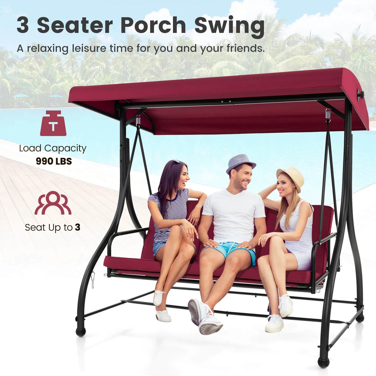 Costway 3-Seat Outdoor Converting Patio Swing Glider Adjustable Canopy Porch Swing Black