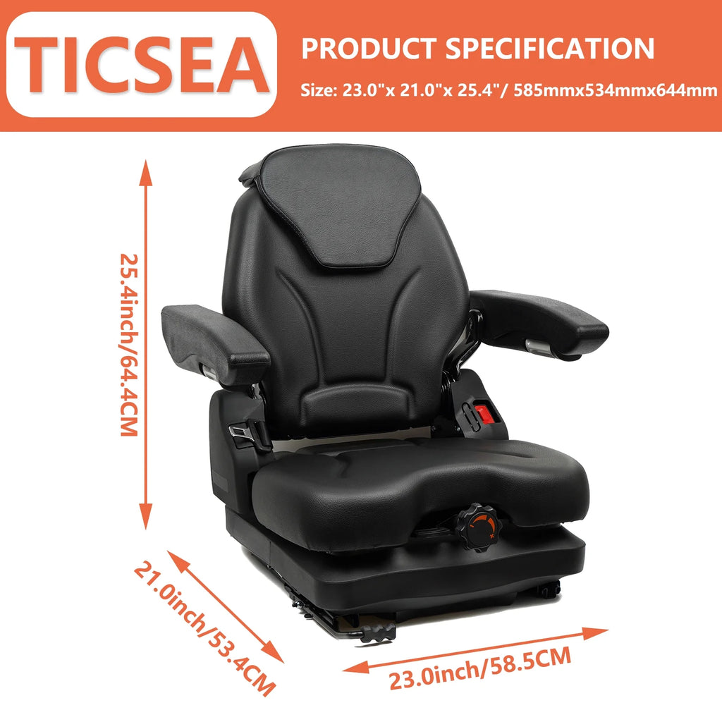 TICSEA Low Profile Suspension Tractor Seat, Adjustable Backrest & Slide Rails
