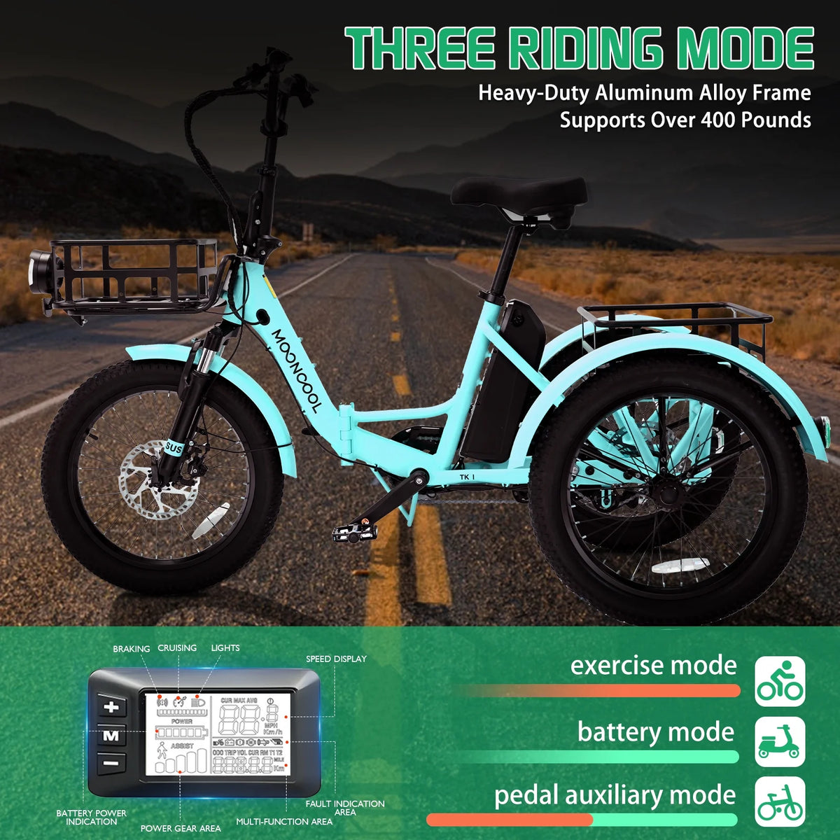 MOONCOOL TK1 Folding Electric Tricycle for Adults,48V 14.5Ah Removable battery, 500W��Peak 1000w��Motor, 20" Fat Tire Step-Thru 3Wheel Electric Bicycle w/Front&Rear Baskets, Certified to UL 2849 by SGS