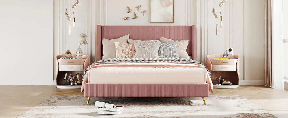 Queen Size Corduroy Platform Bed with Wingback Headboard,Wood Corduroy Platform Bed with Metal Legs and Slats Support,Upholstered Bed Frame for Kids Adult Bedroom,No Box Spring Needed,Pink