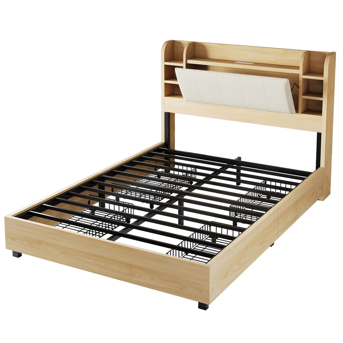 PLAUIN King Size Bed Frame with Storage Drawers, 47.2" Headboard and Wooden Platform, Grey