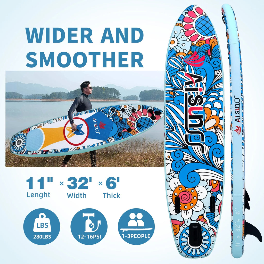AISUNSS Inflatable Stand Up Paddle Board, 11ft Fishing Paddle Board with SUP Accessories