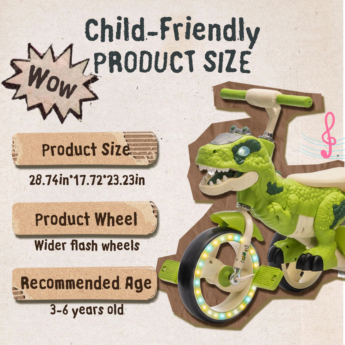 Xuanlur Kids Ride on Dinosaur Tricycle, Toddlers Kid Trike with Wide Flash Wheels, Anti-Slip Pedals, Rear Basket, Music & LED Lights, Toddler Bike Toys Gift for 3-6 Year Old Boys & Girls (Green)