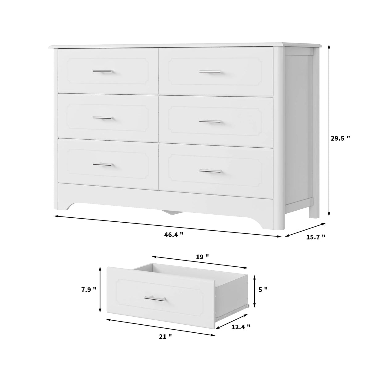 Homfa Double Dresser with 6 Drawer, White Horizontal Dresser Chest for Bedroom
