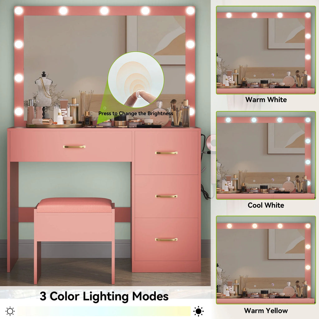 Dextrus Makeup Vanity Desk with Large Lighted Mirror and Storage - Enhance Your Beauty, Routine 4 Drawer Vanity Table with Cushioned Stool, Milky-White