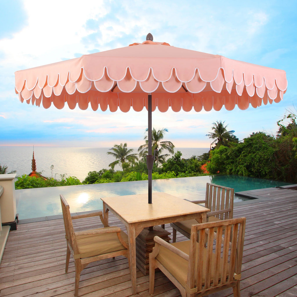 JONATHAN Y Tracy 9 ft. Market Patio Umbrella, Classic Mid-Century Scalloped Fringe, with Auto-Tilt Crank, Wind Vent and UV Protection, Coral Pink/White, Dark Brown Pole
