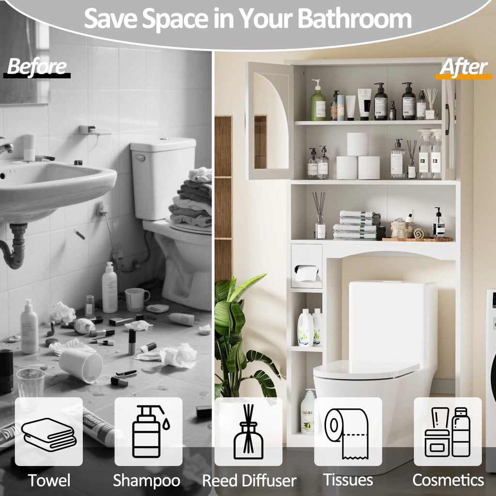 HARIPUL Over The Toilet Storage Cabinet w/ Unique Wood Grain & Arc Design, Freestanding Bathroom Shelf Organizer Space Saver w/ Doors & Anti-Tip Device, Wood Color