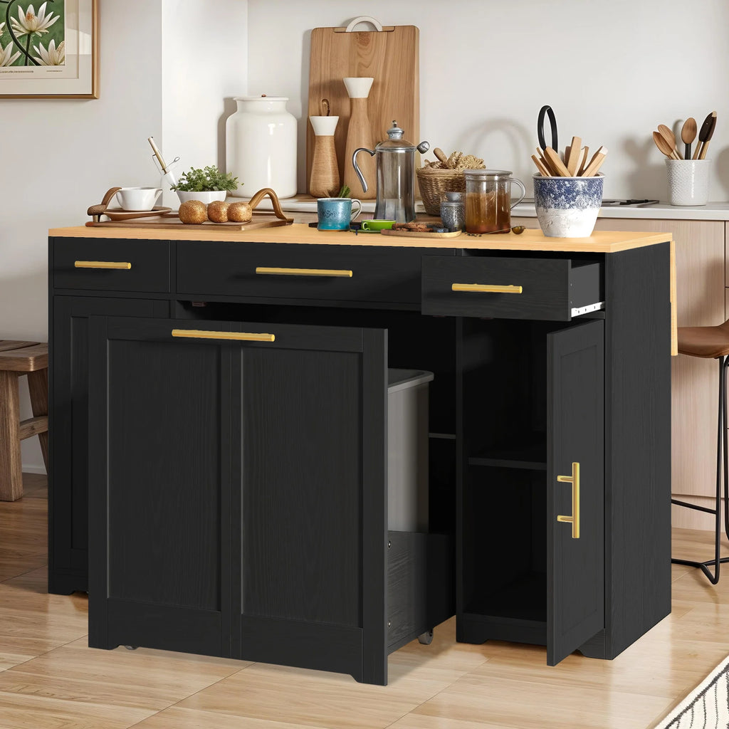 Uforic Kitchen Island with Drop Leaf & Wheels, Island Table with Trash Storage Cabinet, Black