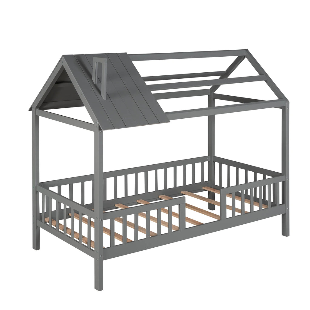 Euroco Twin Size Platform Bed, House Bed with Fence for Kids, Gray