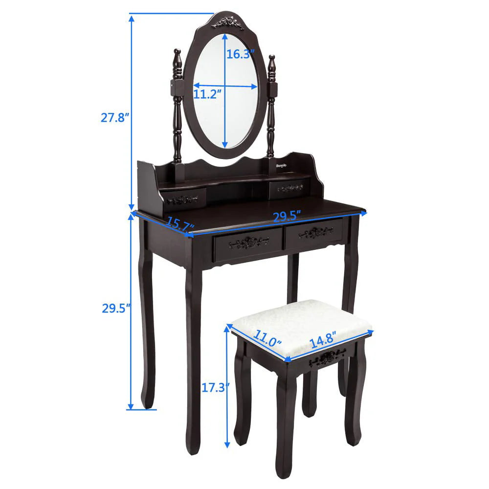 UBesGoo 4 Drawer Vanity Makeup Dressing Table Set w/Stool&Mirror Jewelry Wood Brown