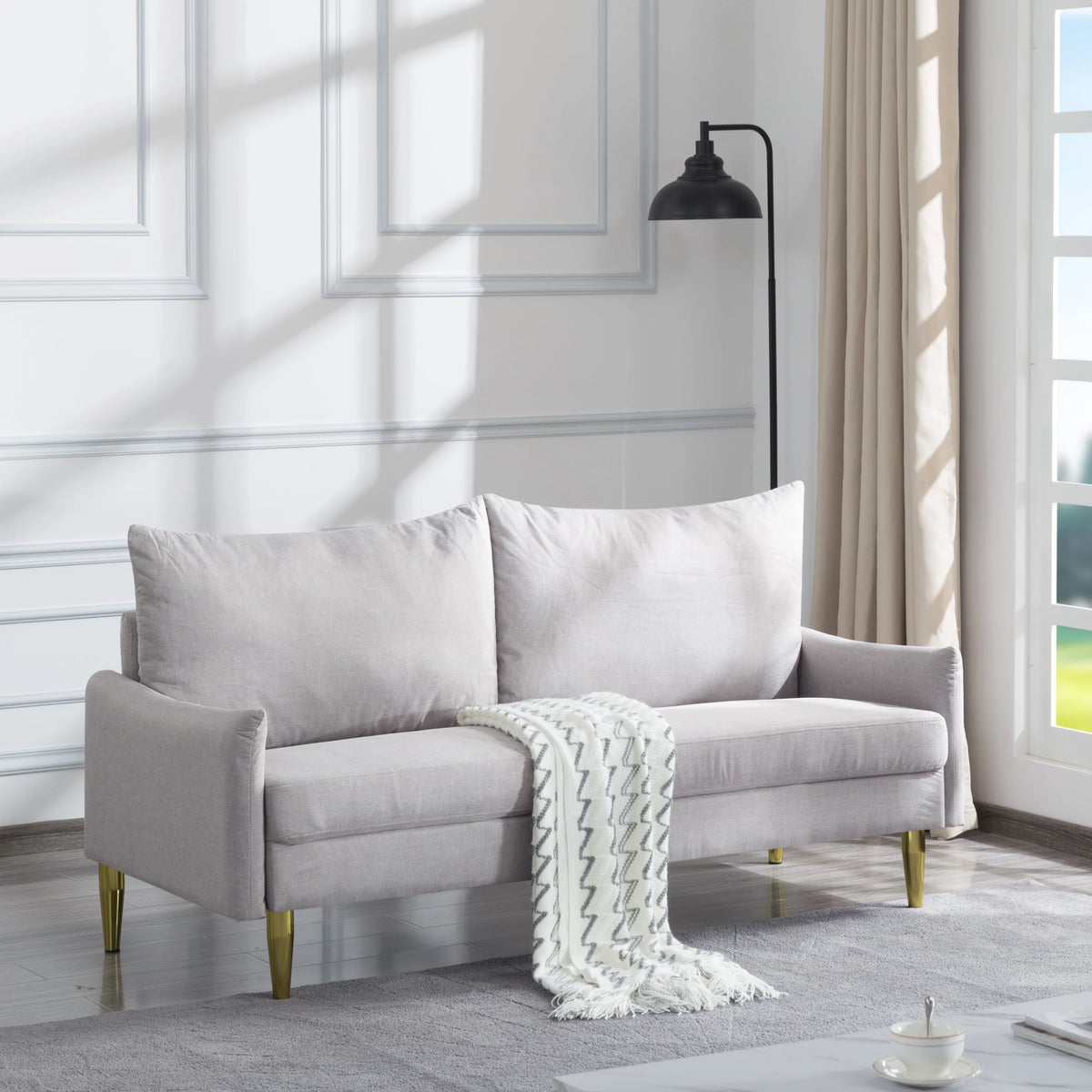 66.9" W Loveseat Sofa, Mid Century Modern Decor Love Seat Couches for Living Room, Polyester Upholstered Loveseats Furniture, Solid and Easy to Install Small Couch for Bedroom, White