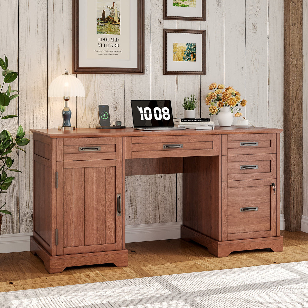 Whalefall 55 in Farmhouse Executive Desk with File Drawer for Adult Home Office, White