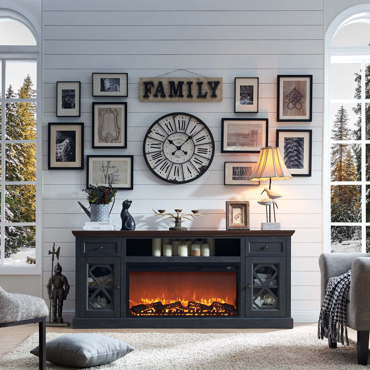SinCiDo Farmhouse Fireplace TV Stand 75 Inch, Electric Fireplace TV Stand Up to 80 Inch TVs, Entertainment Center with Fireplace for Living Room