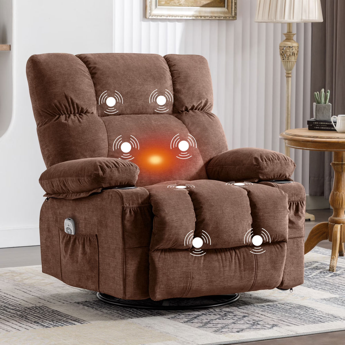 JONPONY Manual Recliner Chair with Heat Therapy and Massage Function, Heavy Duty Reclining Mechanism Massage Chair, Elderly Single Rocker Sofa with Cup Holders for Bedroom Home Theater,Grey