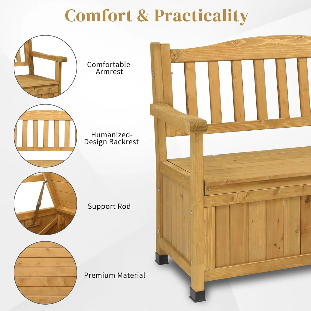 Outvita Outdoor Wood Storage Bench, Wooden Large Deck Box with Seating & Armrest, Waterproof Patio Organizer Loveseat for Garden Porch Deck Backyard Poolside, Natural