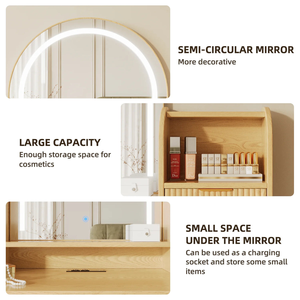 UGTOO 45.2" Modern Vanity Desk with LED Mirror & USB Charging, Wood Makeup Dressing Table with 7 Drawers for Bedroom