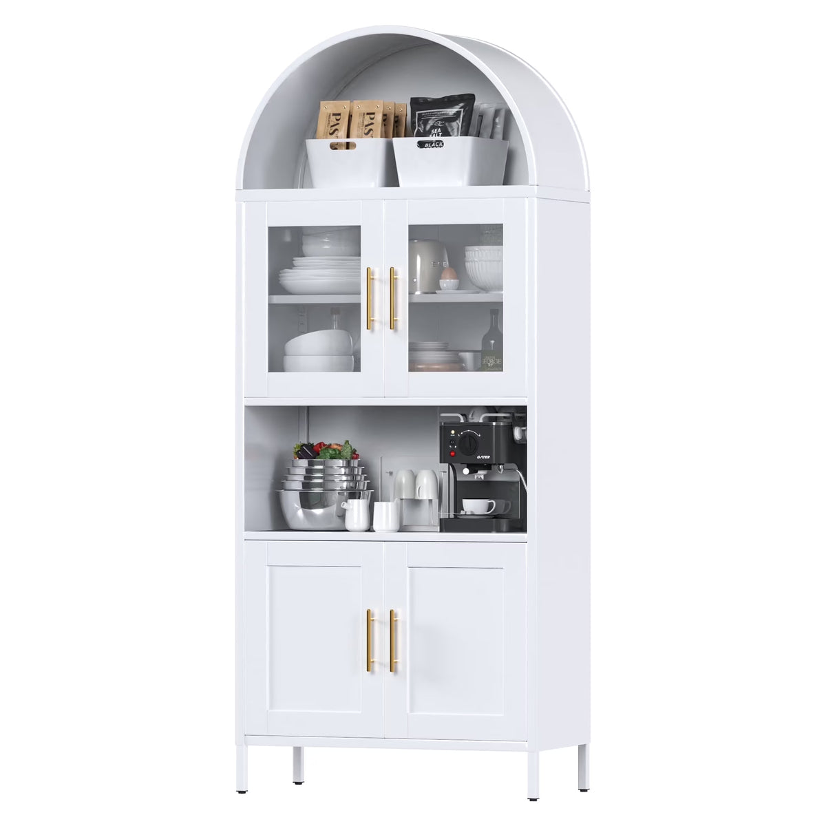 SUPEER Metal Arched Storage Display Cabinet with Glass Doors and Adjustable Shelves, Lockable Cabinet, Assembly Required, Black