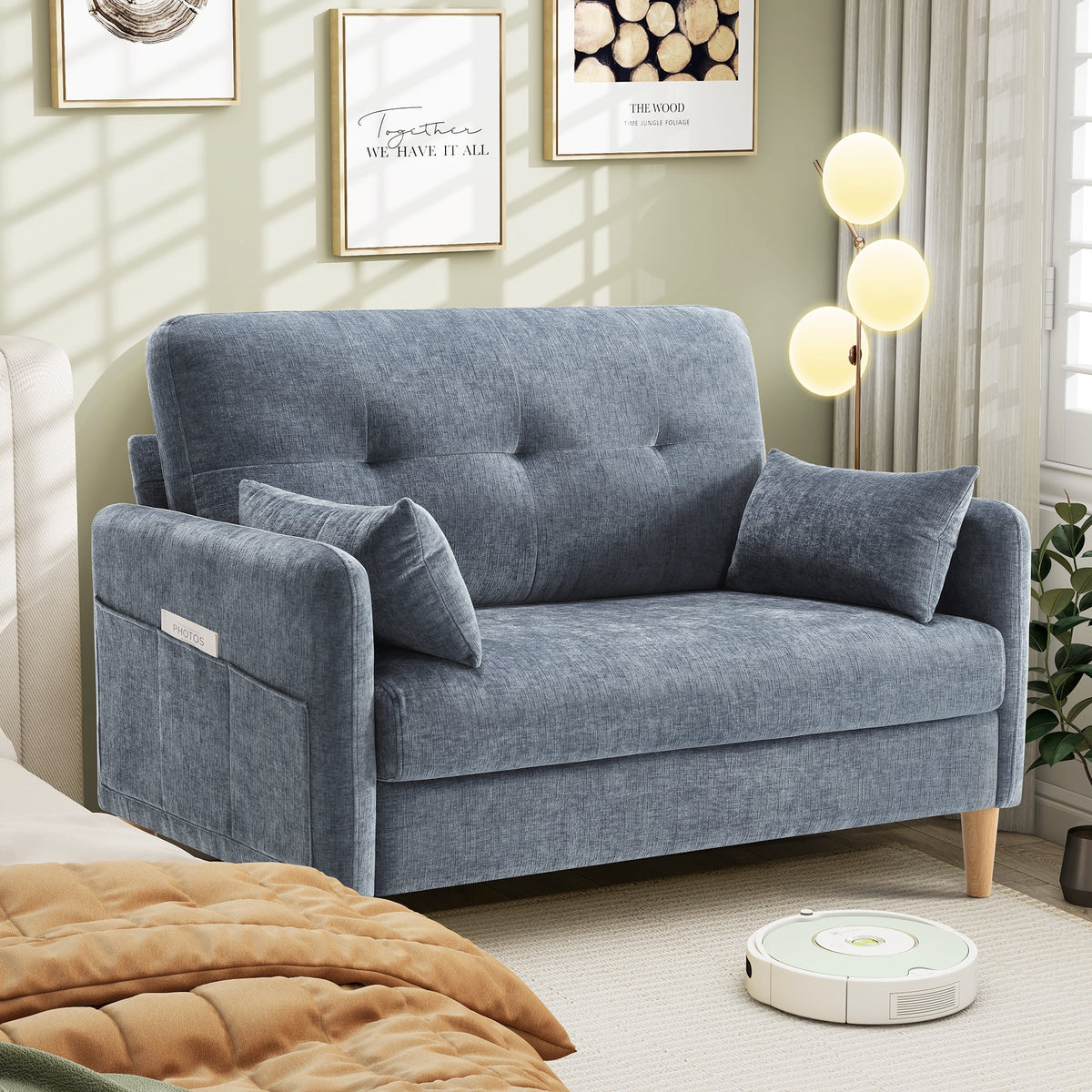 BedLuxury 47'' Wide LoveSeat, 2-seat Chenille sofa with 2 Pillows for Living Room and Small Spaces, Dark Grey