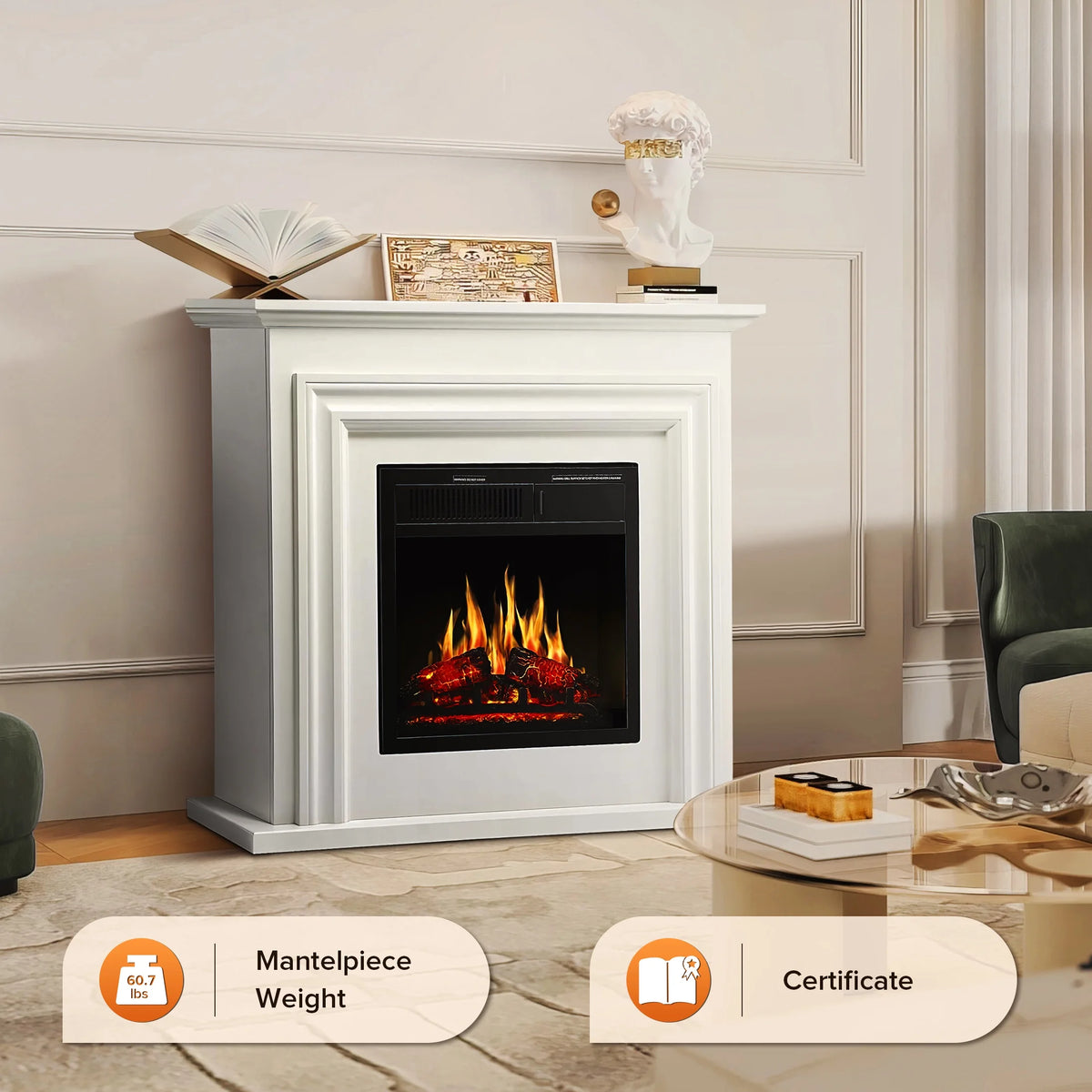 Electactic Electric Fireplace, Free Standing Fireplace, with Remote Control, Adjustable LED Flame, 750W/1500W -��White��