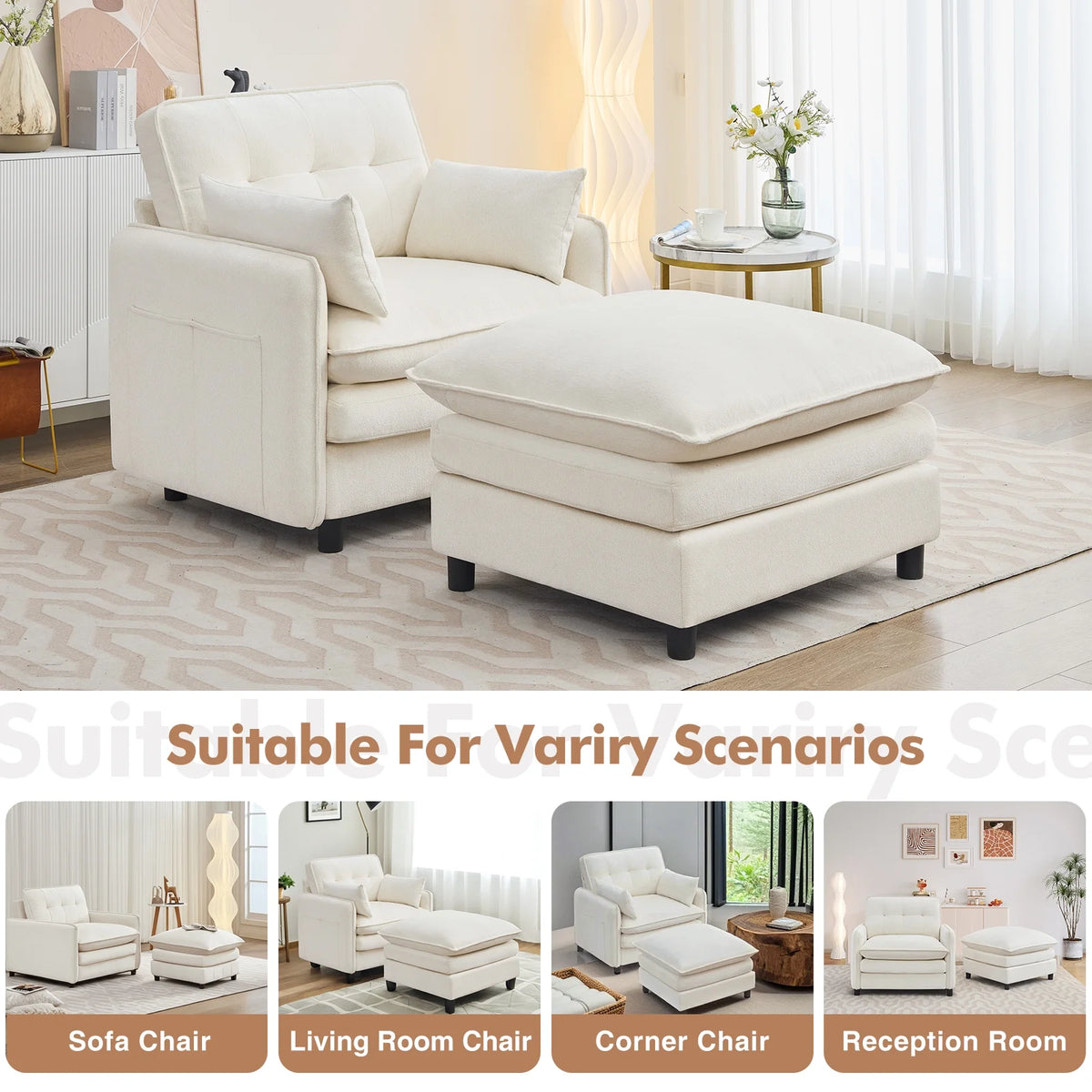 Aemeios Upholstered Chenille OversizedAccent Armchairs with Ottoman and Side Pocket, Cream