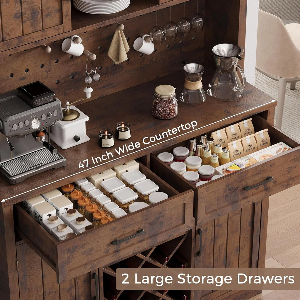 LAFGUR 72" Kitchen Storage Cabinet with Power Outlet & LED Light, Coffee Bar Cabinet with Drawers & Wine Glass Rack,Sideboard for Home,White
