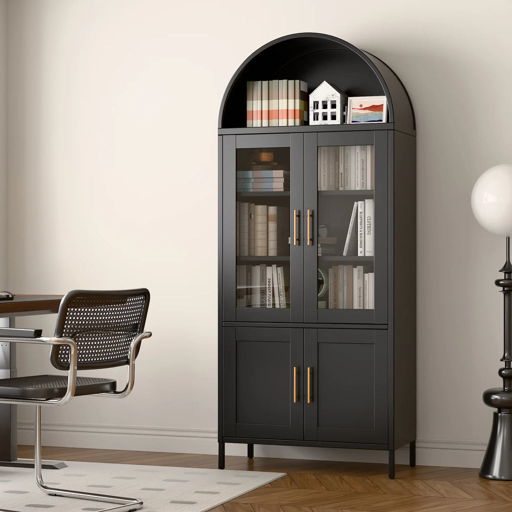 SUPEER Metal Arched Storage Display Cabinet with Glass Doors and Adjustable Shelves, Lockable Cabinet, Assembly Required, Black