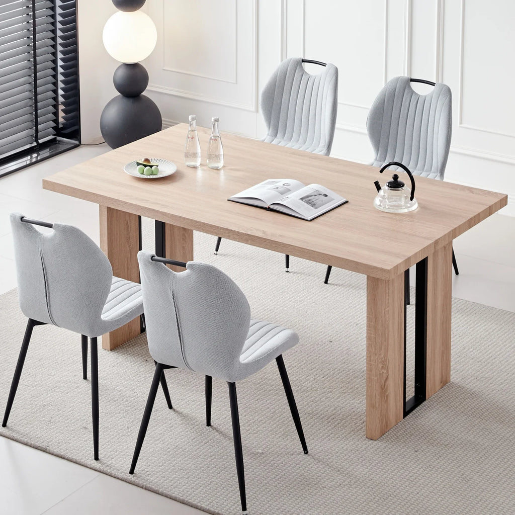 5pcs Rectangle Dining Table Chairs Set for 4, 63" Farmhouse Wood Kitchen Table with 4 Upholstered Mid Century Modern Boucle Chairs for Dinner, Living Dining Room, Apartment, Beige