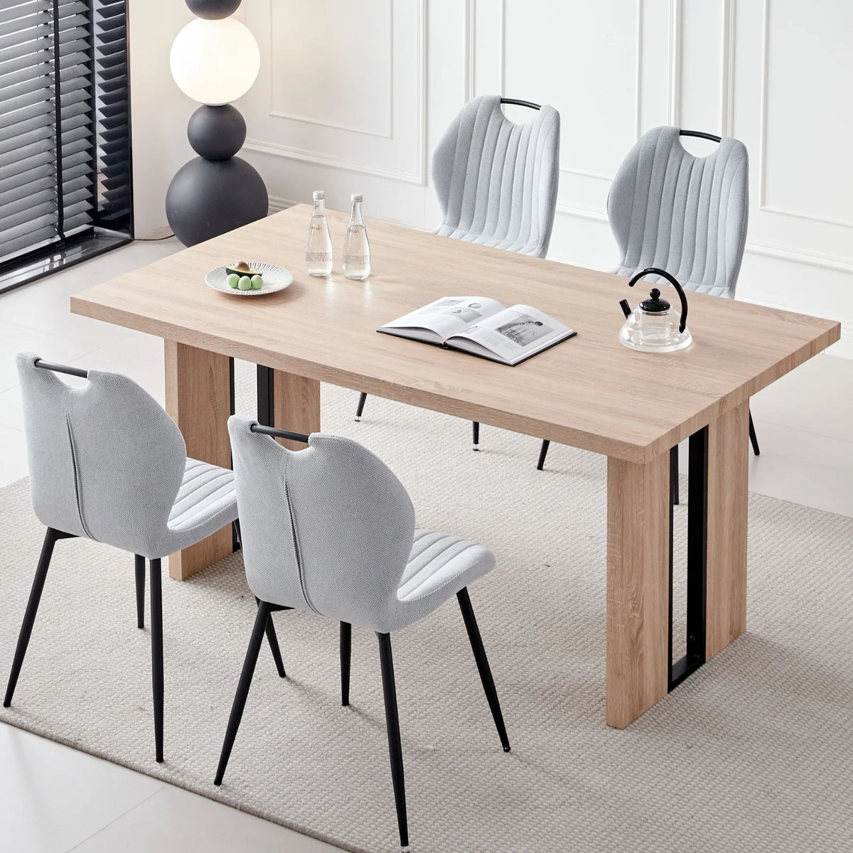 5pcs Rectangle Dining Table Chairs Set for 4, 63" Farmhouse Wood Kitchen Table with 4 Upholstered Mid Century Modern Boucle Chairs for Dinner, Living Dining Room, Apartment, Beige
