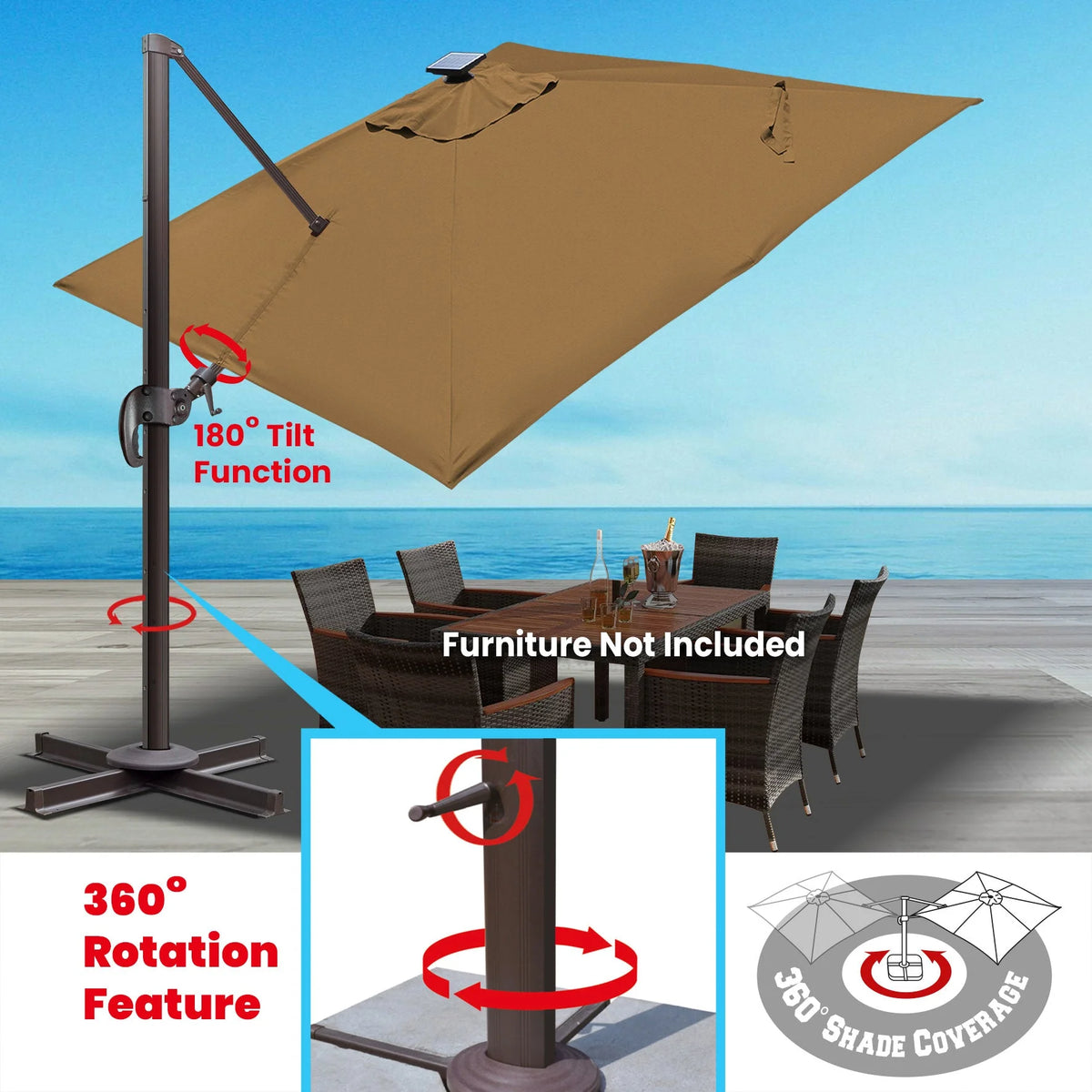 SUNRISEUMBRELLA Square 10'x10' Deluxe Roma square cantilever umbrella, With LED light(Heather Beige)