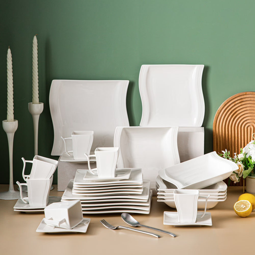 MALACASA Porcelain Tableware Sets, Ivory White, 30-Piece (6 Packs)