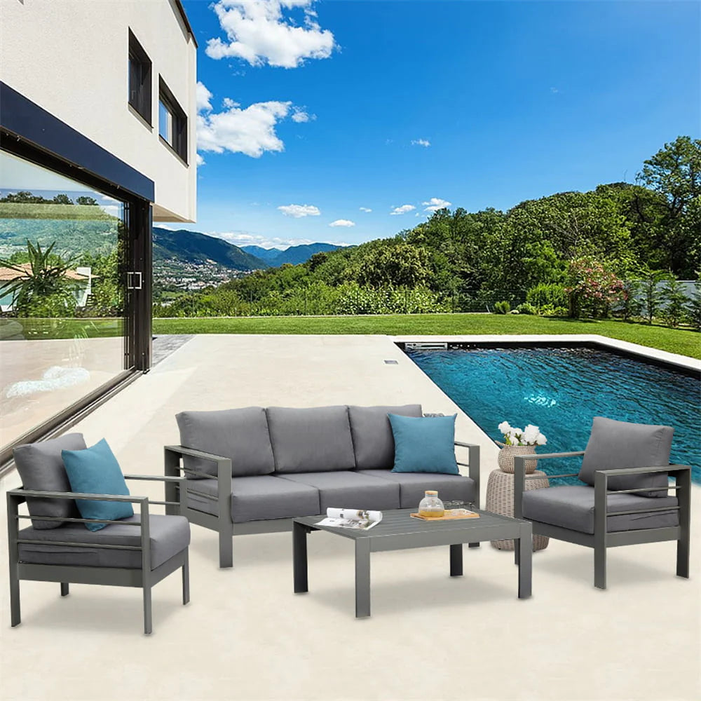 Superjoe Aluminum Outdoor Furniture Set 4 Pcs Patio Conversation Sofa Set with Coffee Table,Gray