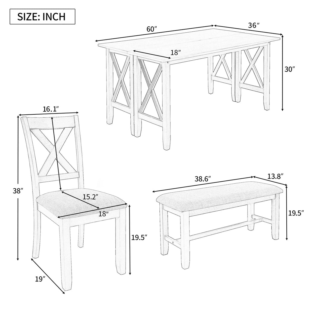 HANSHE Dining Table Set for 6, Farmhouse Dining Table Set with Foldable Table, Bench & 4 Chairs, Kitchen Table Sets with Chairs, Dining Room Set for Home Apartment Dorm, Gray