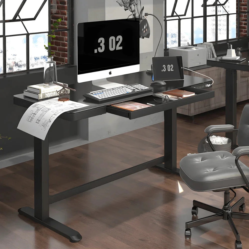 FLEXISPOT 48" W Home Office Height Adjustable Standing Desk White and Maple with USB Charge Ports and Embedded Drawer