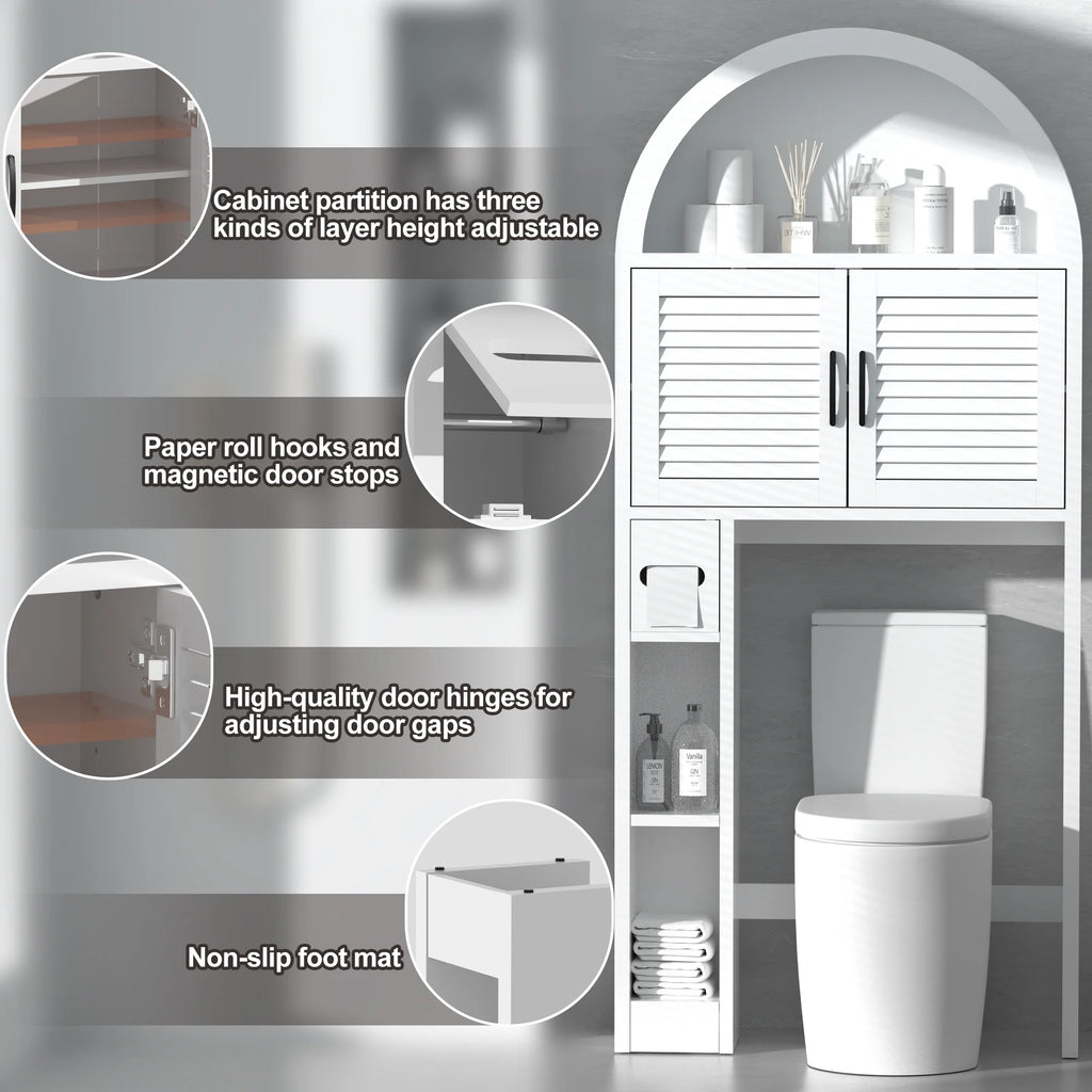 HARIPUL Over The Toilet Storage Cabinet w/ Unique Wood Grain & Arc Design, Freestanding Bathroom Shelf Organizer Space Saver w/ Doors & Anti-Tip Device, Wood Color