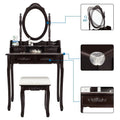 UBesGoo 4 Drawer Vanity Makeup Dressing Table Set w/Stool&Mirror Jewelry Wood Brown