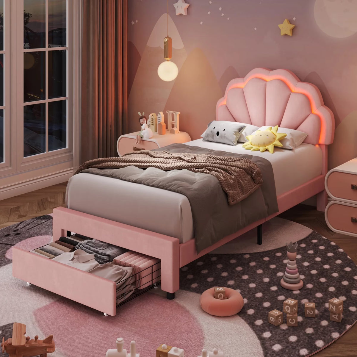 Homfa Twin Bed Frame with Storage & LED Light, Velvet Upholstered Platform Twin Bed with Adjustable Petal Headboard, Beige