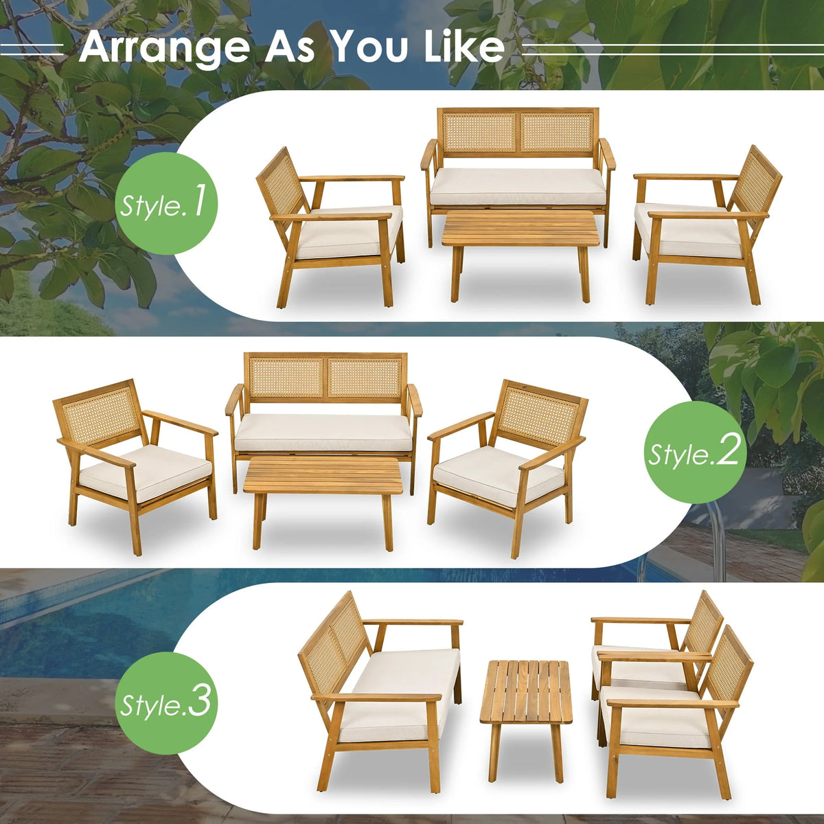 4 Piece Outdoor Patio Furniture Sets All Weather Outdoor Sofa PE Garden Furniture Wicker Rattan Patio Conversation Set with Glass Table & Beige Cushions