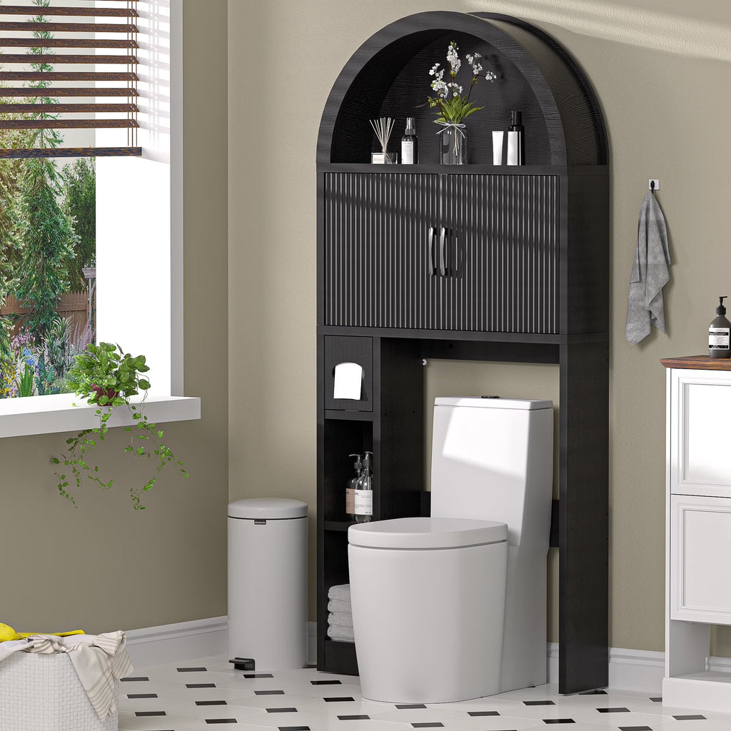 HARIPUL Over The Toilet Storage Cabinet w/ Unique Wood Grain & Arc Design, Freestanding Bathroom Shelf Organizer Space Saver w/ Doors & Anti-Tip Device, Wood Color