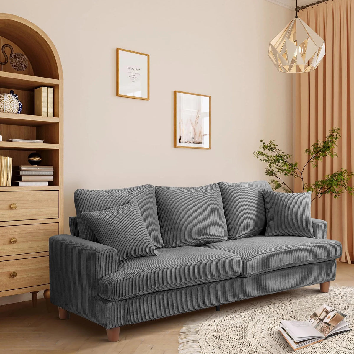 87" Corduroy Sofa,3 Seater Sofa with Extra Deep Seats,Neche Comfy Upholstered Couch for Living Room,2 Pillows,Green