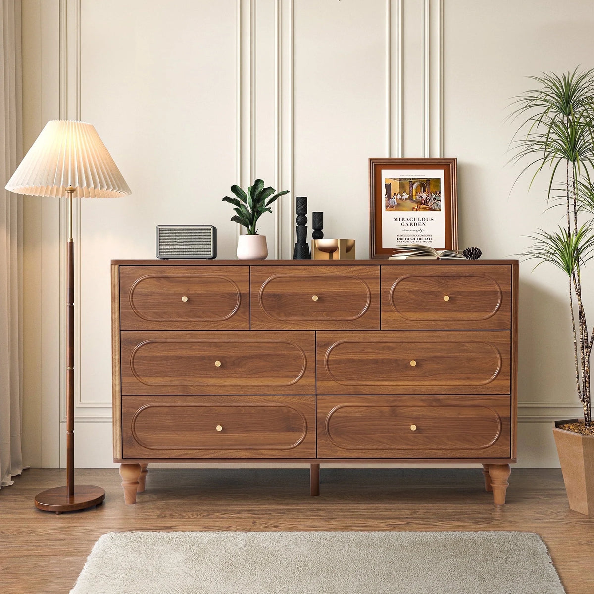 YOCWO 3 Drawer Nightstand, Classic Chest of Drawers with Arc Edge, Walnut