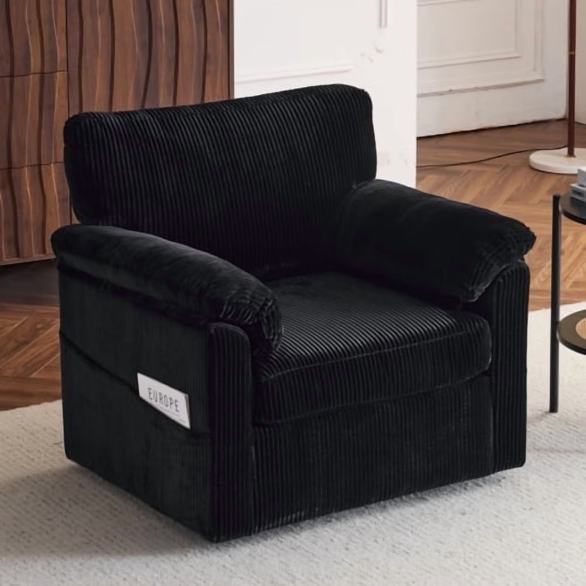 FFH 33" Oversized Swivel Accent Chair,Armchair with Side Pocket,Upholstered Corduroy Lounge Chaise Chair,Barrel Chairs,Comfy Single Sofa Chair for Living Room Reading Bedroom Office,Black