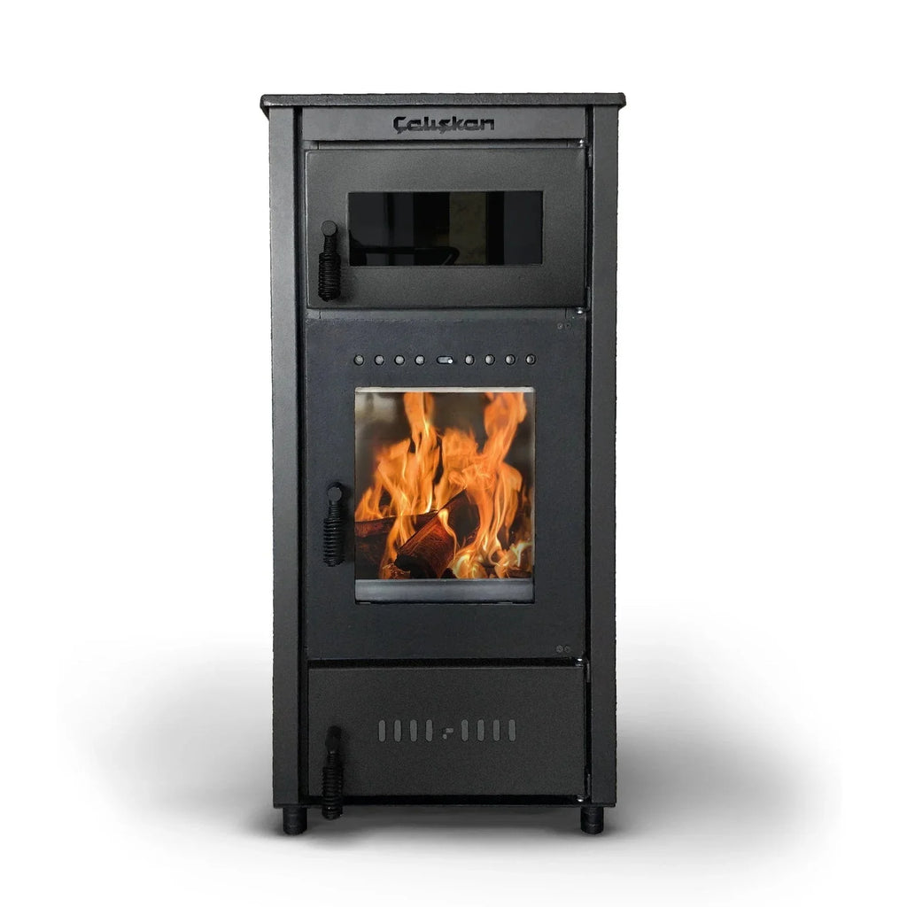 Wood Burning Stove, Superior Cast Iron, Black Modern Indoor Winter Heater, Cooking with Oven, High Efficiency