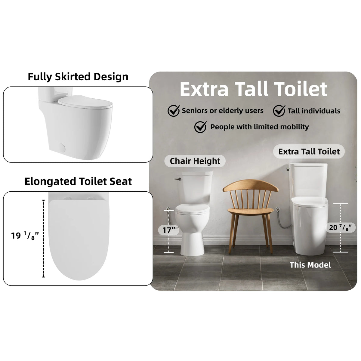 Los Flexi 21" Extra Tall Toilet for Seniors, ADA Compliant Two-Piece Skirted Toilet with Cyclone Flush, Elongated Bowl, Soft-Close Seat, Chrome Lever, 1.28 GPF, 12" Rough-In