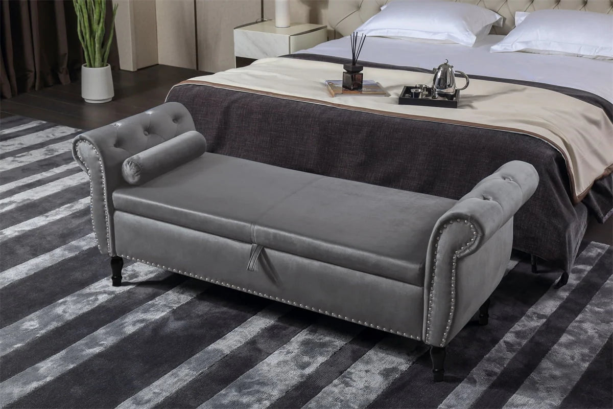 JINS&VICO 63'' Velvet Storage Ottoman Bench, Upholstered Tufted Sofa Stool with Rolled Armrest and Nailhead Trim, Rectangular Chaise Lounge with 1 Pillow for Living Room Bedroom, Gray