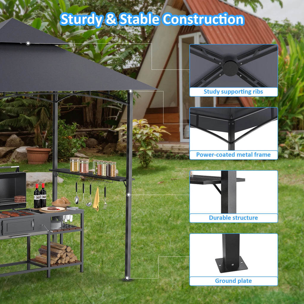 GVDV 8'x 5' Grill Gazebo Canopy, Outdoor BBQ Gazebo Shelter with 2 Side Shelves & Double-Tiered Top